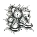 tattoo with broken clocks and hourglass fading away money and jordan shoes all around, make it look like controlled chao tattoo design idea