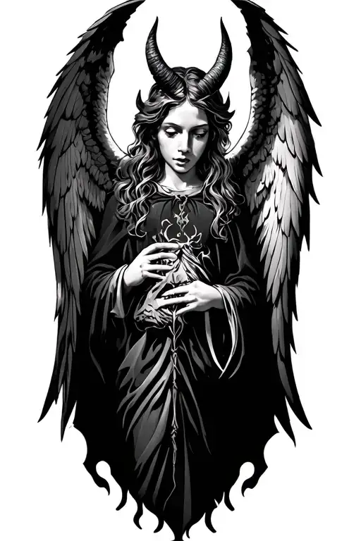 angel fiighting devil horns tattoo design idea