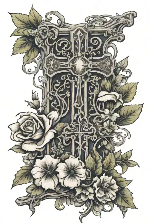cross rapped in vines and flowers blooming with bible verses  tattoo design idea
