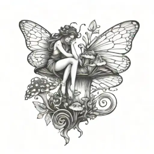 Fairy sitting with legs played on top of a mushroom tattoo design idea