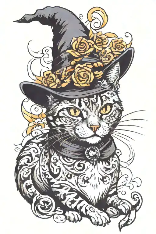 halloween themed cat wearing witch hat surrounded tattoo design idea