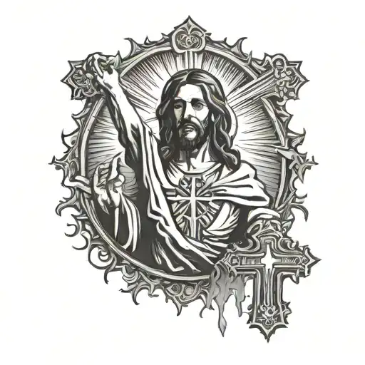 A sun with light beams shining down on jesus christ holding out his arms and clouds around and a cross under him  tattoo design idea