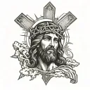 A sun with light beams shining down on jesus christ holding out his arms and clouds around and a cross under him  tattoo design idea