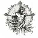 A sun with light beams shining down on jesus christ holding out his arms and clouds around and a cross under him  tattoo design idea