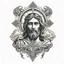 A sun with light beams shining down on jesus christ holding out his arms and clouds around and a cross under him  tattoo design idea