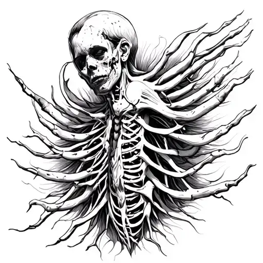 Biopunk tattoo, black and white sketch, location on the ribs, repetition of human anatomical features tattoo design idea