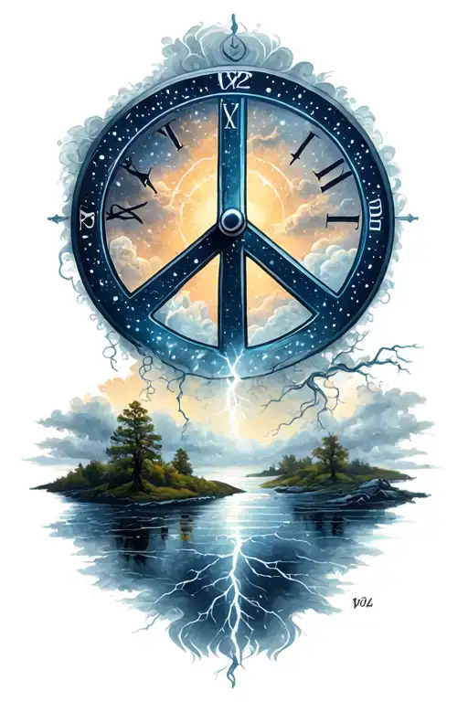 peace and lightining storm and time and nature tattoo design idea