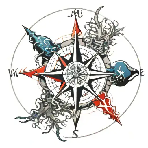 compass rose intertwined with seaweed and starfish  tattoo design idea