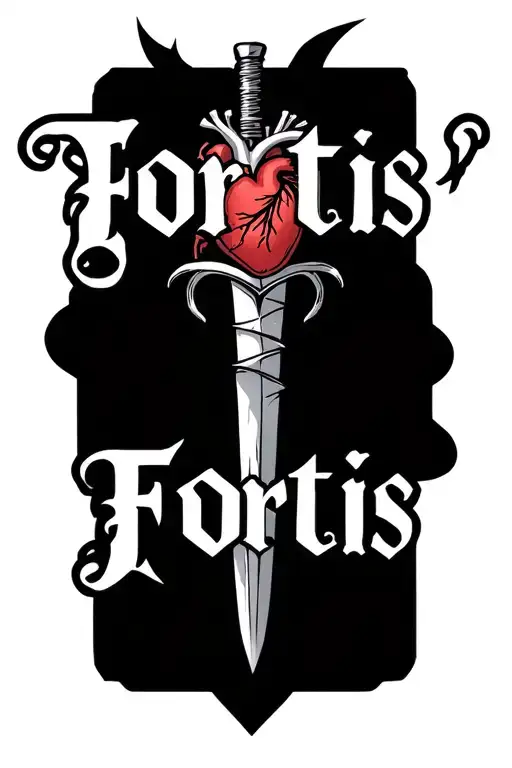 "Fortis" dagger pierce human heart tattoo design idea