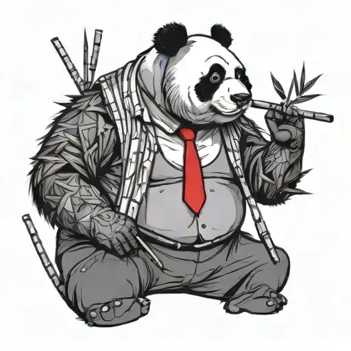 panda smoking with sleeves rolled up and a red tie in a masculine body with bamboo sticks at the back tattoo design idea