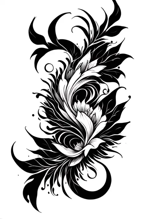 A black and white horizontal tattoo design that symbolizes transformation and harmony. The composition begins on the far tattoo design idea