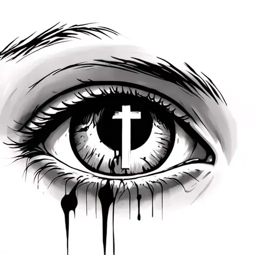 An eye crying with a reflection of a cross in the pupil tattoo design idea