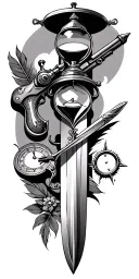 lighthouse, flintlock pistol, hourglass, quill pen, cutlass sword and compass tattoo design idea