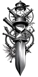 lighthouse, flintlock pistol, hourglass, quill pen, cutlass sword and compass tattoo design idea