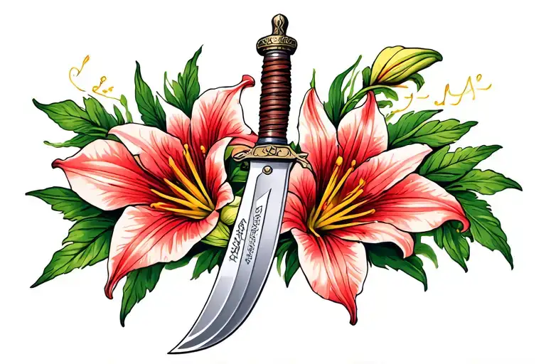 Bowie knife with stargazer lily tattoo design idea