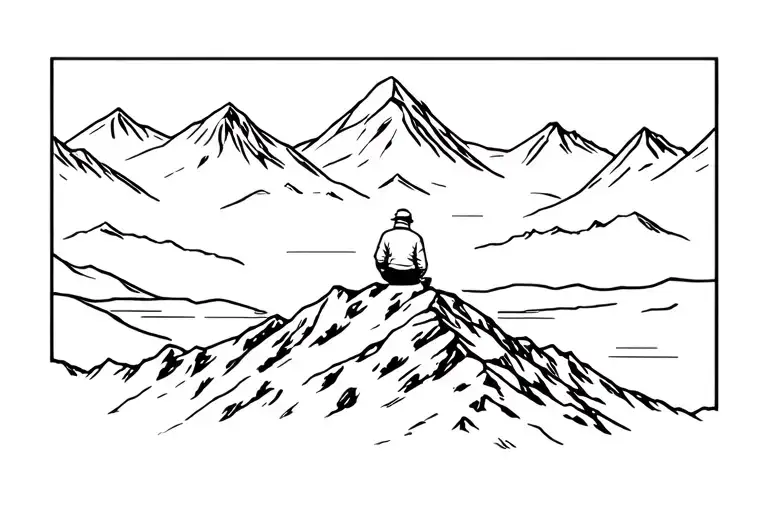 Guy sitting on top of a mountain enjoying the view in Norway after long climb tattoo design idea
