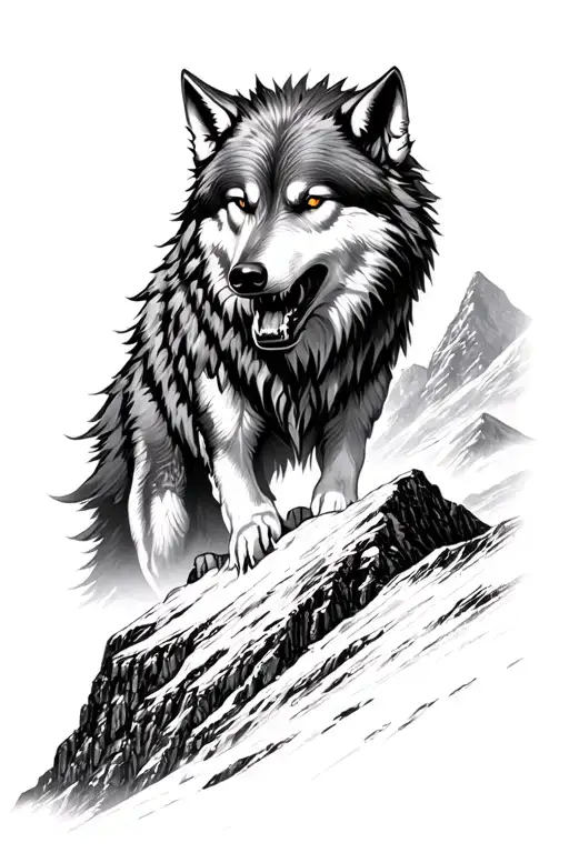 realistic Fenrir the wolf growling over the top of Ben Nevis in scotland tattoo design idea