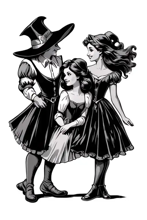 Collage in comic style: Snowwhite, scarecrow, Beauty and the beast, Peter Pan, Wizzard of Oz, Cinderella, Pinnocchio, Nu tattoo design idea