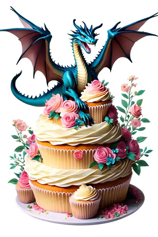 A majestic dragon flying over a landscape of giant cakes and cupcakes tattoo design idea