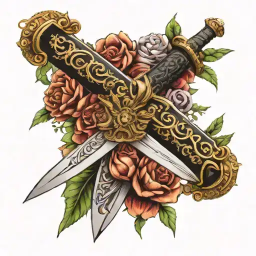 realistic pirate sword with detailed floral pattern on blade tattoo design idea
