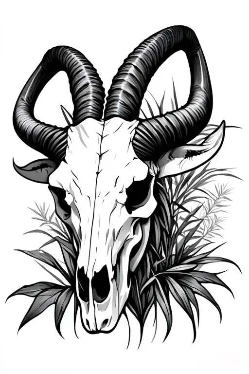 oryx skull which has straight long antlers with some arabian plants in background tattoo design idea