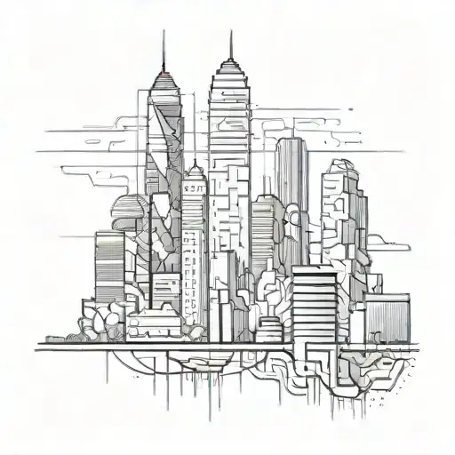 An architectural blueprint of a city skyline with hidden hip hop elements incorporated tattoo design idea