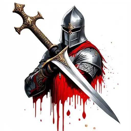 a Templar knight with a sword with blood dripping down the blade tattoo design idea