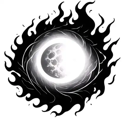 eclipse surrounded by black flames with a white pupil in the center tattoo design idea