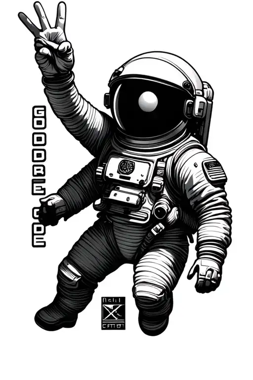 astronaut floating holding peace sign with "GODSPEED" in brick letters vertically beside it tattoo design idea