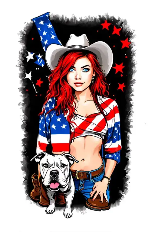 a girl with red hair blue eyes likes wearing rebel flag Dixie outfitters shirts with wranglers boots and loves pitbulls  tattoo design idea