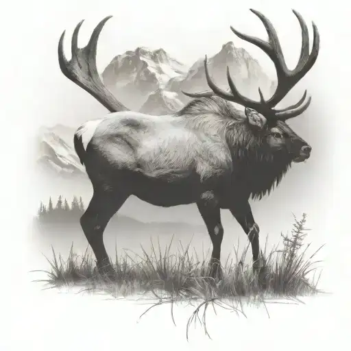 Bull elk grazing in a field in the shadow of the mountains tattoo design idea