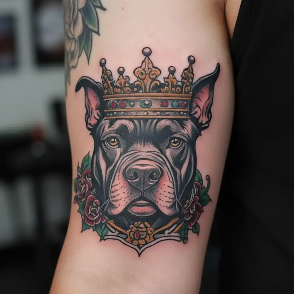 a black Pitbull face wearing a crown looking serious  tattoo design idea
