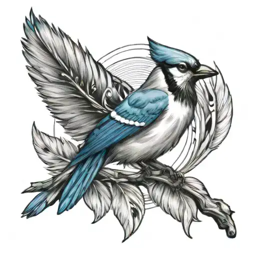 Jesus and blue jay feathers tattoo design idea