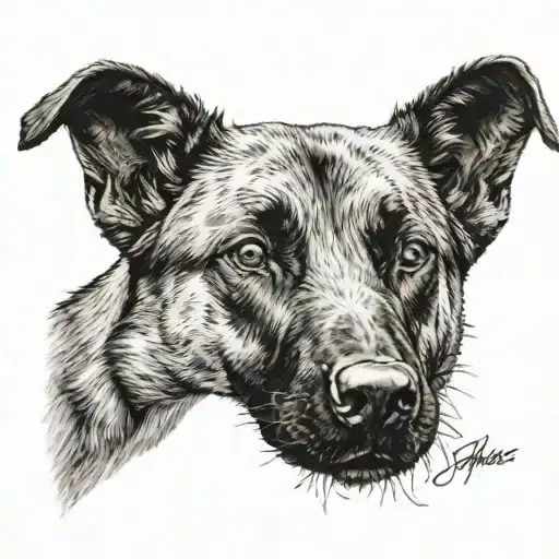 half belgian malinois face with Tiago written through it tattoo design idea