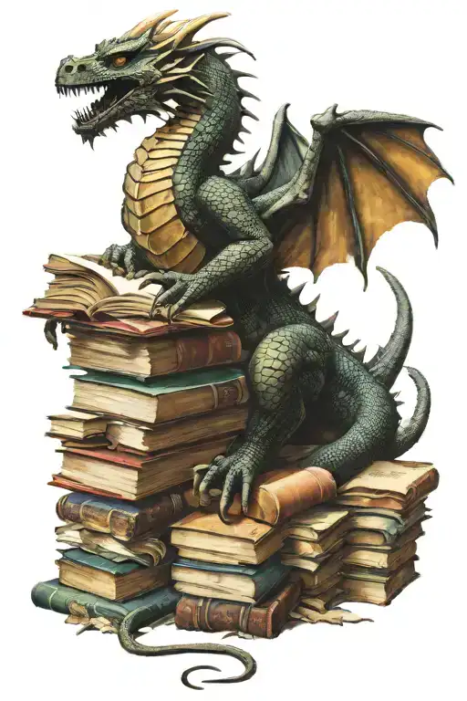 dragon sitting on a hoard of books with an hobbit stealing one book tattoo design idea