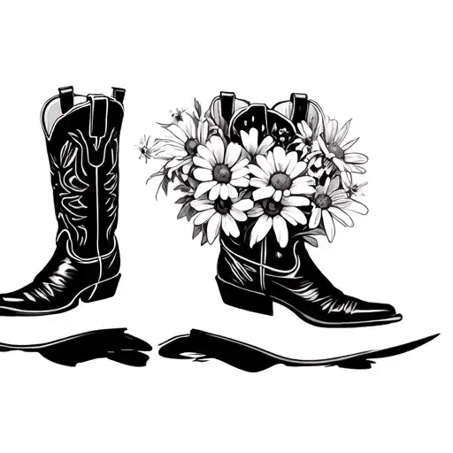 two cowboy boots side by side with a bouquet of daisys, lily of the valleys, and marigolds inside  tattoo design idea