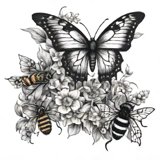 a garden crowning from a crack in the concrete with bees and butterfly around it tattoo design idea