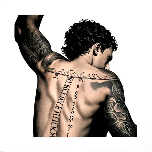 a time line on the back of the arm, starting at the shoulder and depicting roman numerals on the date May 1, 1991,  tattoo design idea