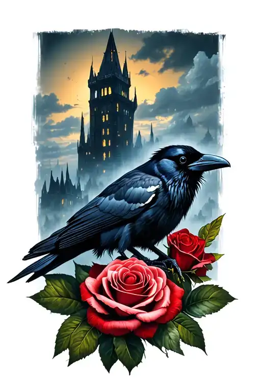 raven perched in front of a rose intertwined, dark tower behind tattoo design idea