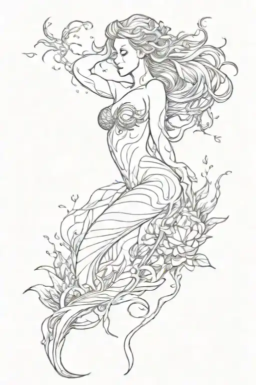 Draw me a spine tattoo of a siren swimming up and make it beautiful and ethereal  tattoo design idea