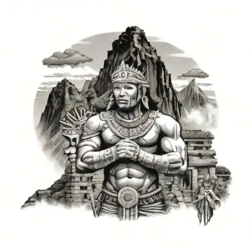 Inca warrior in front of machu pichu background tattoo design idea