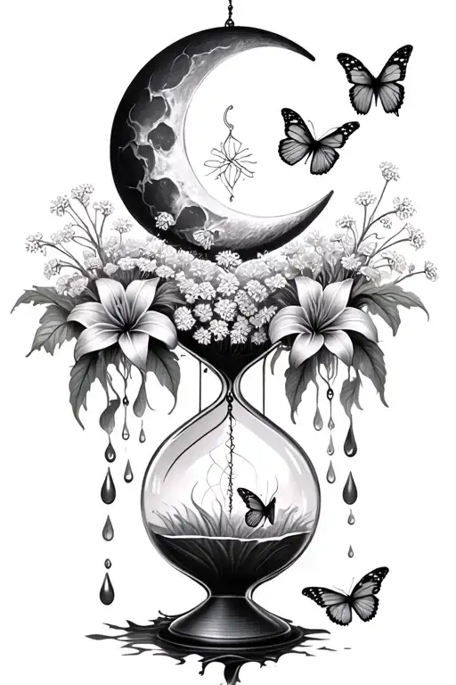 An hourglass moon dream catcher filled with lilies and butterflies Queen Anne's lace  nature tears broken depressed tattoo design idea