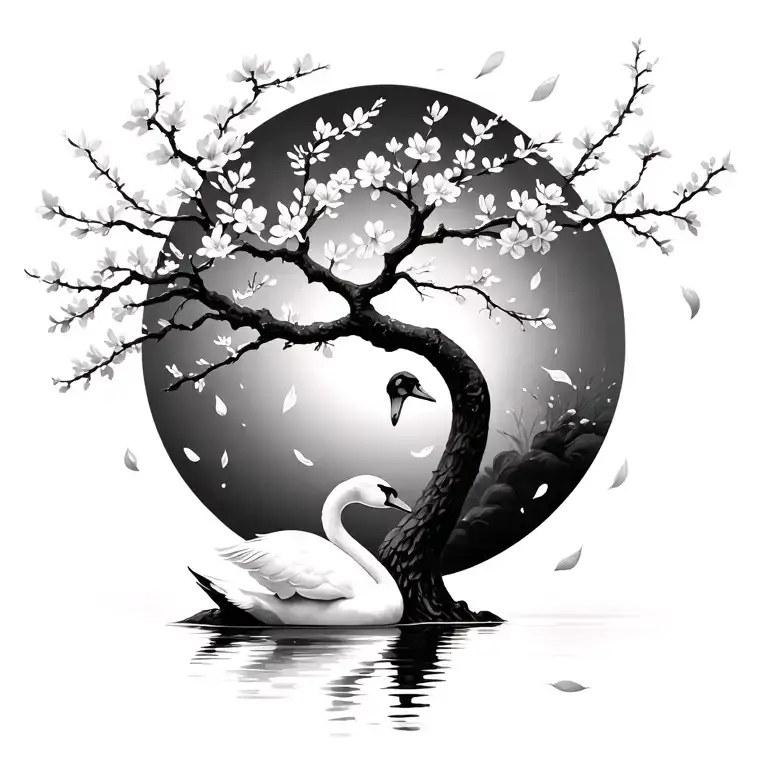 cherry blossom tree with petals falling but is next to a swan  tattoo design idea