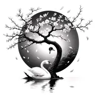 cherry blossom tree with petals falling but is next to a swan  tattoo design idea