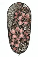 sleeve from wrist to elbow with hibiscus flowers and sakura flowers with skin break blank cross tattoo design idea