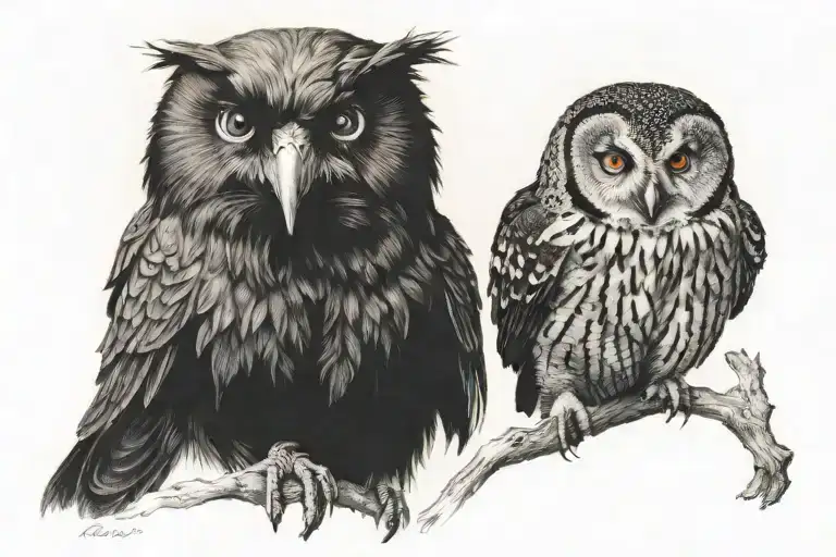 raven next to owl tattoo design idea