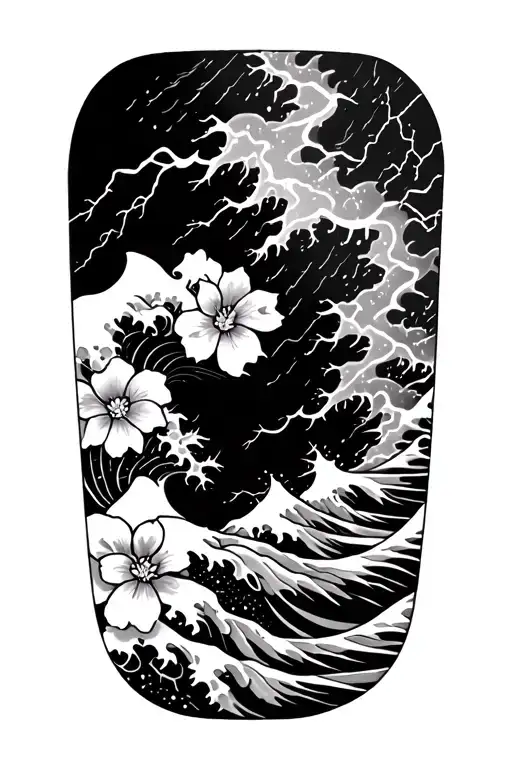 forearm half sleeve tattoo featuring japanese waves, lightning and small flowers tattoo design idea