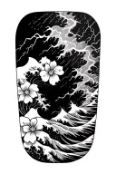 forearm half sleeve tattoo featuring japanese waves, lightning and small flowers tattoo design idea