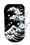 forearm half sleeve tattoo featuring japanese waves, lightning and small flowers tattoo design idea