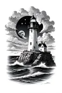 stormy sea lighthouse overlooking on cliff full moon and stars between the clouds tattoo design idea